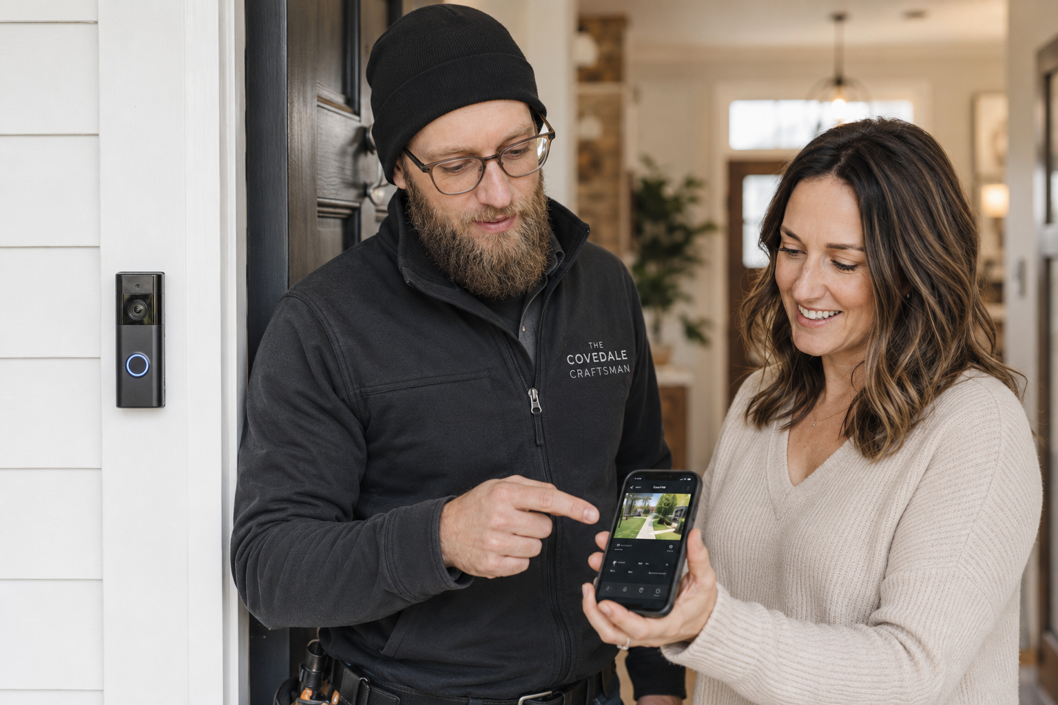 Christopher showing a homeowner how to use a newly installed video doorbell app