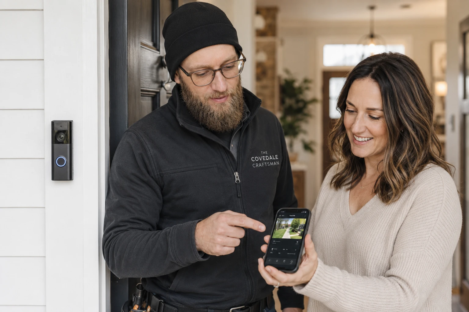 Christopher showing a homeowner how to use a newly installed video doorbell app